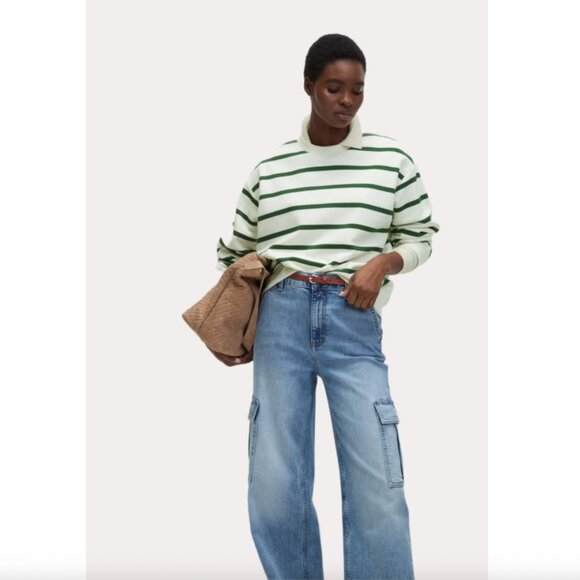 Marks & Spencer Women's Cotton Rich Striped Sweatshirt Long Sleeve Top Green - Picture 3 of 8